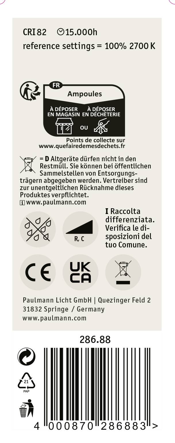 Etikett eines Lampenprodukts mit technischen Spezifikationen: CRI 82, 15.000h Lebensdauer, 100% 2700K Kelvin, Entsorgungshinweis, Herstellerangaben.