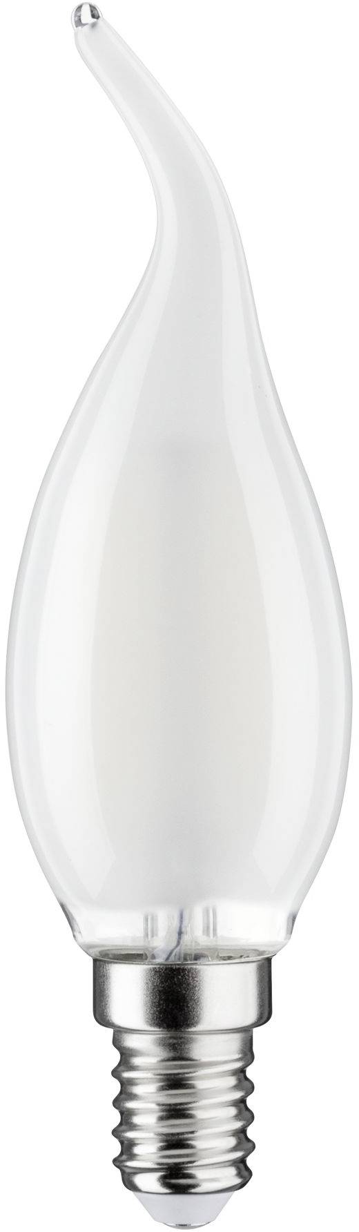 Lange, leuchtende LED-Glühbirne in Flammenform mit silbernem Sockel. Ideal für dekorative Beleuchtung.