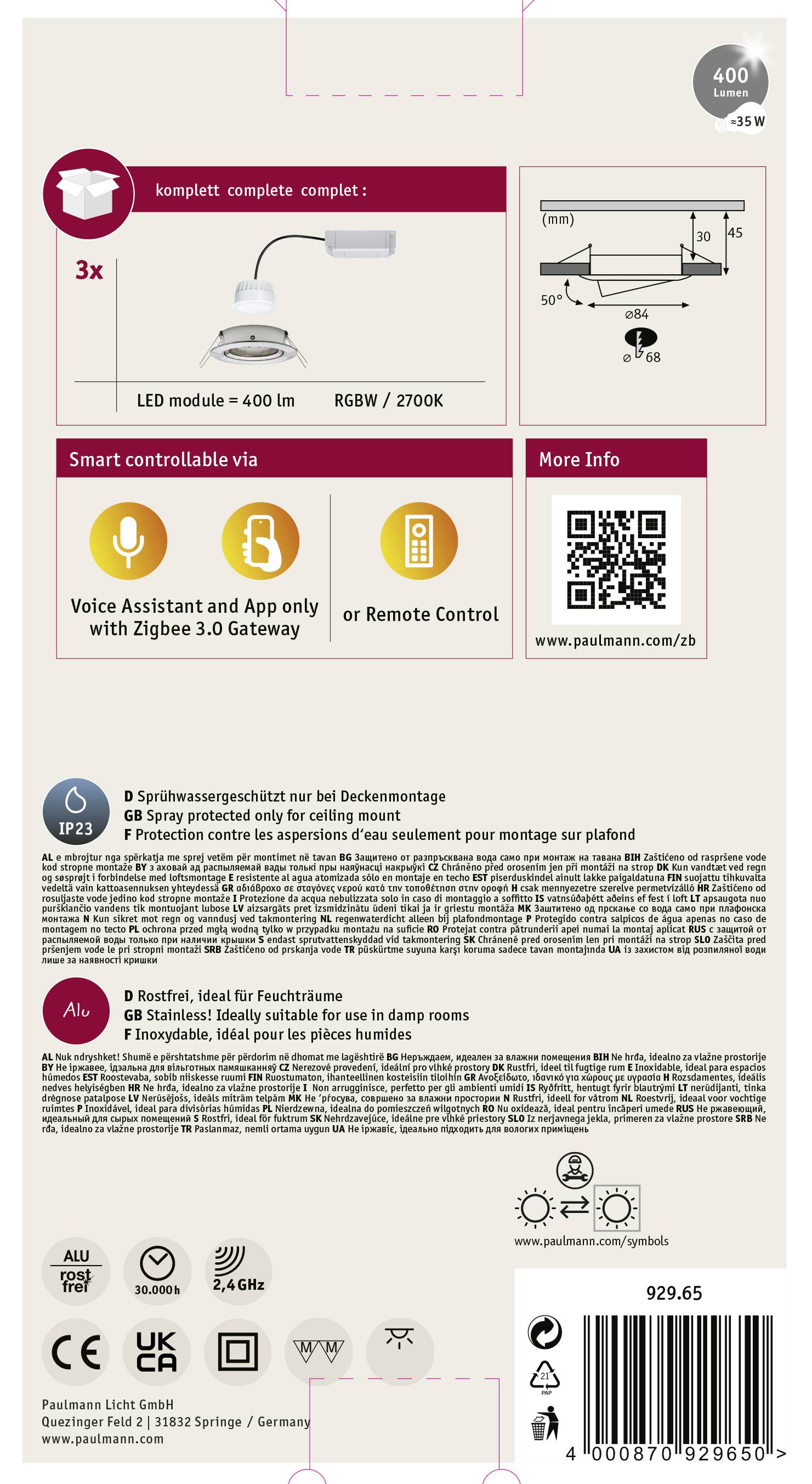 Paulmann 92965 LED-Einbauleuchte 3er Set LED 15.6W Eisen (gebürstet)