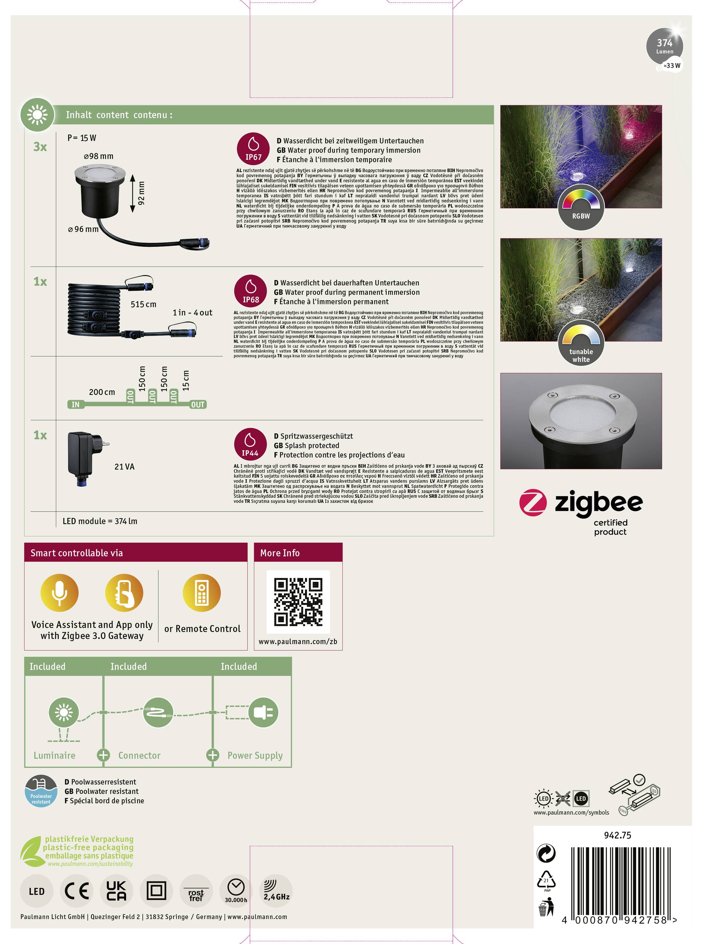 Paulmann Boden Einbauleuchten Starterset RGBW 94275 Beleuchtungssystem Plug & Shine ZigBee LED 3.6W Warmweiß Silber