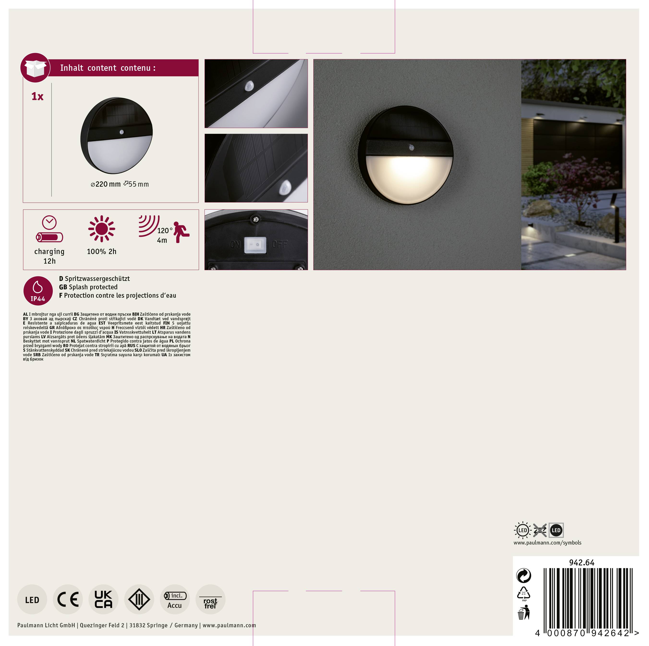 Paulmann 94264 Solar-Wandlampe 1W Warmweiß Anthrazit