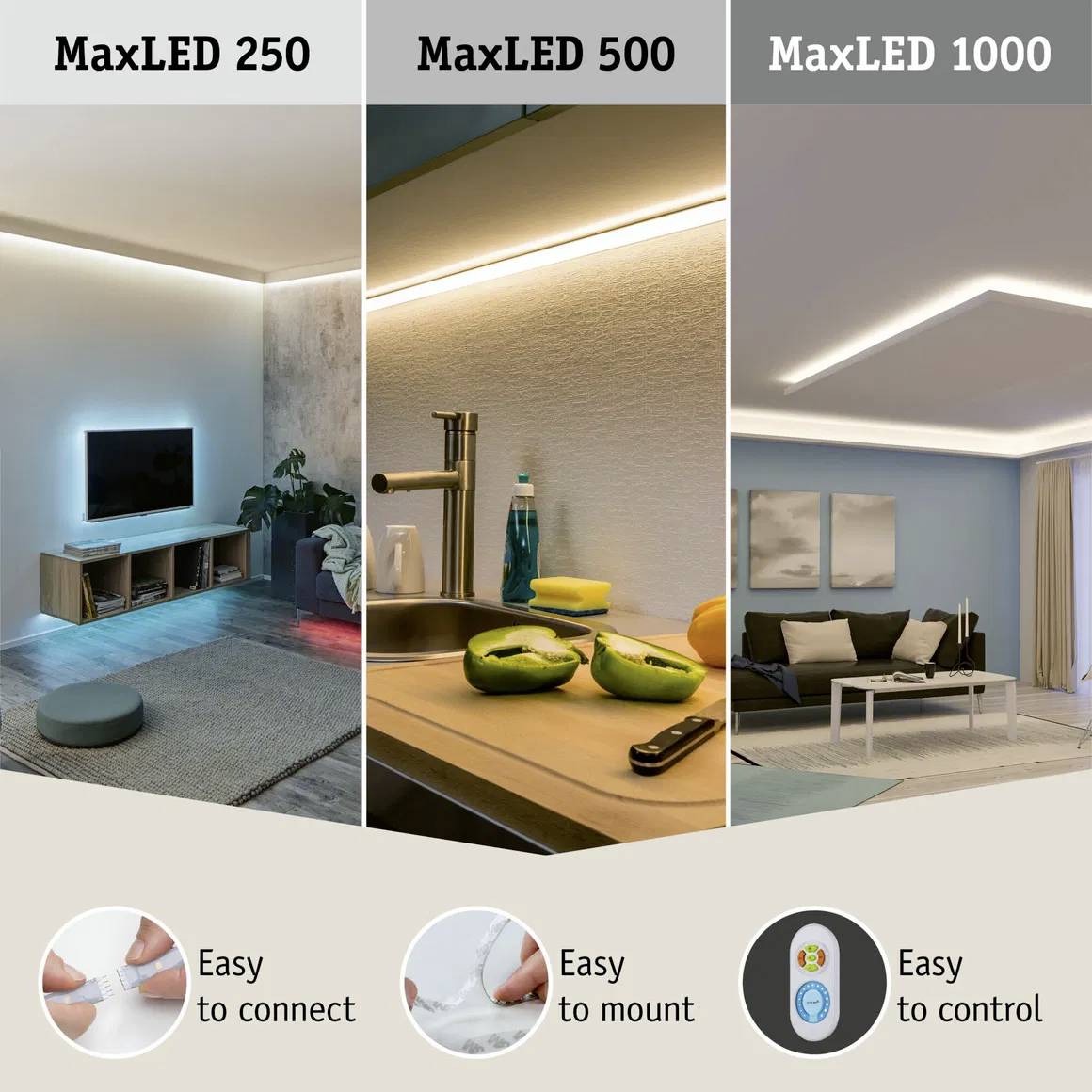 Das Bild zeigt drei verschiedene MaxLED-Beleuchtungsoptionen: MaxLED 250 mit blauer Akzentbeleuchtung, MaxLED 500 über einer Küchenzeile und MaxLED 1000 in einem Wohnzimmer. Symbole 'Easy to connect' und 'Easy to control' sind unten abgebildet.