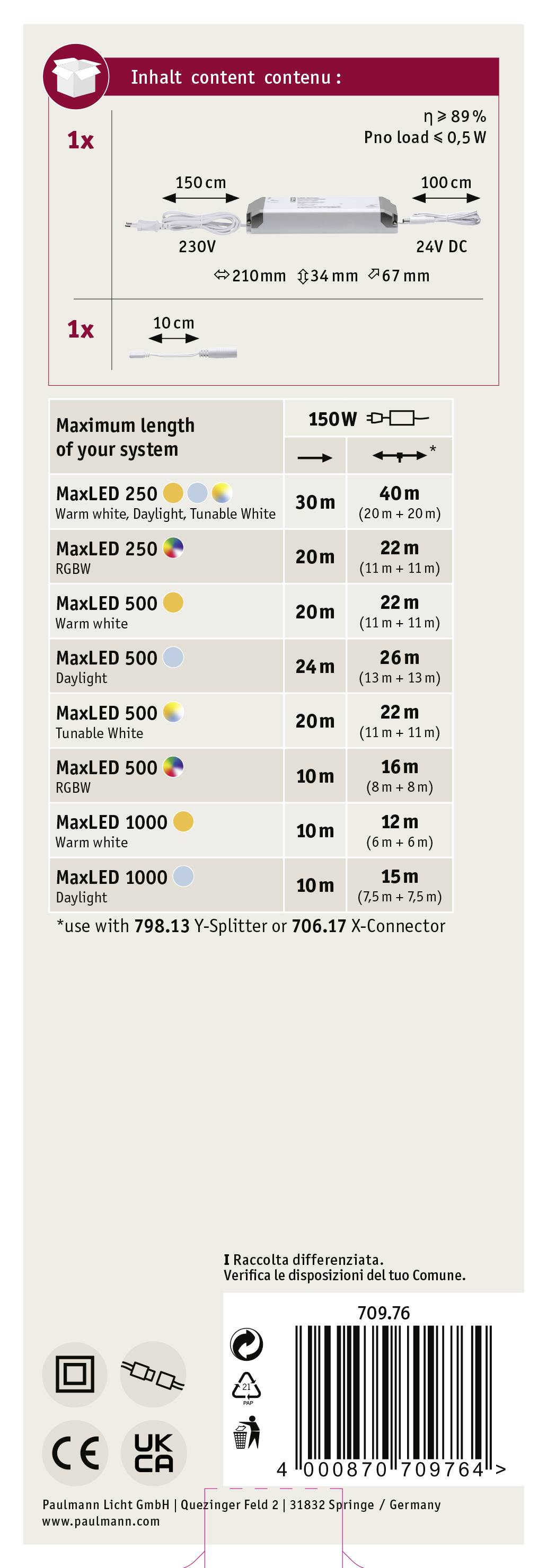 'Inhalt' zeigt zwei Lichtleisten und Zubehör. Details: maximale Systemlänge 150W, max. LED 250 bis 1000, diverse Anschlussmöglichkeiten.