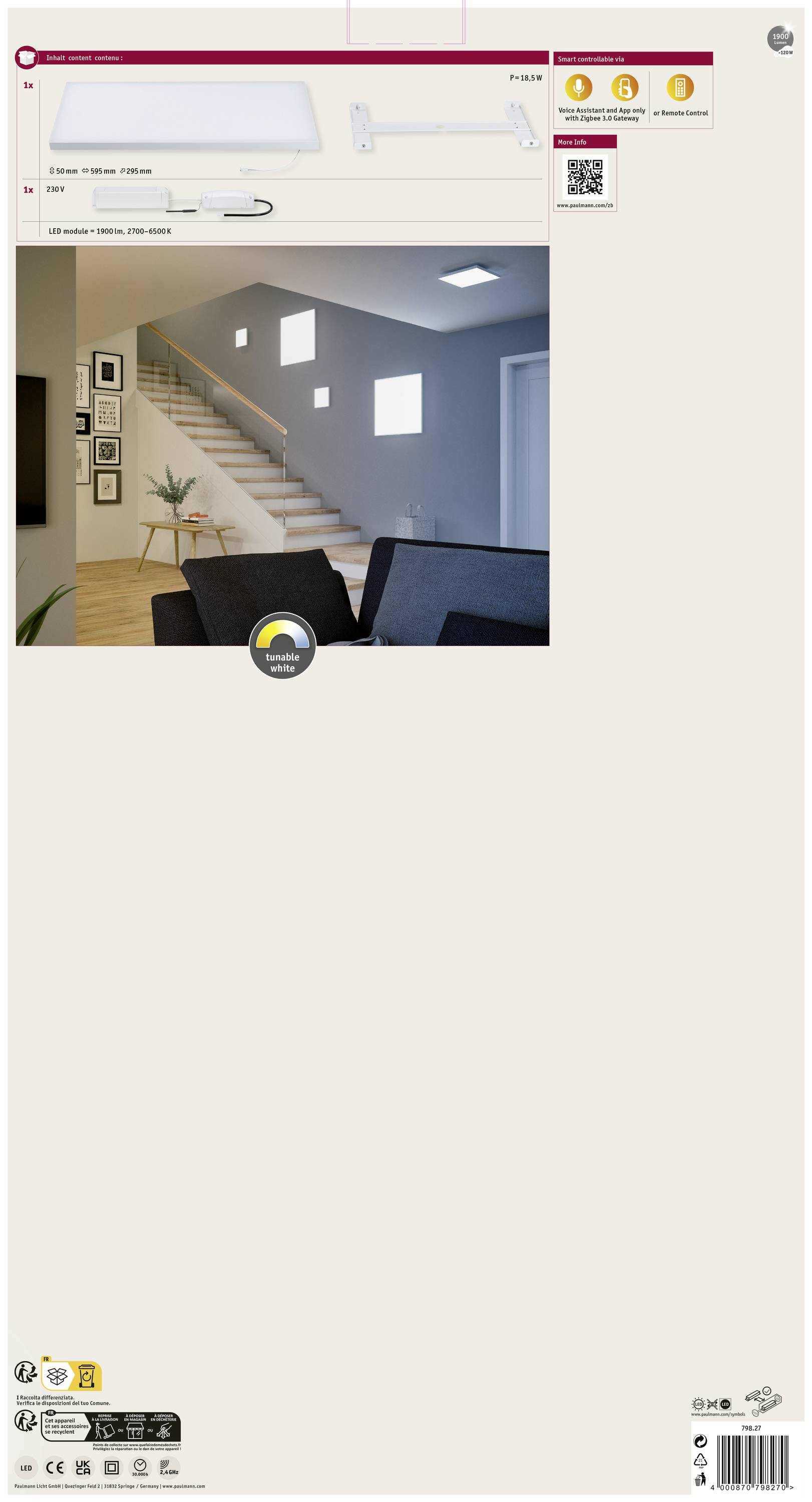 Paulmann Velora 79827 LED-Panel 15.5W Warmweiß bis Tageslichtweiß Weiß (matt)