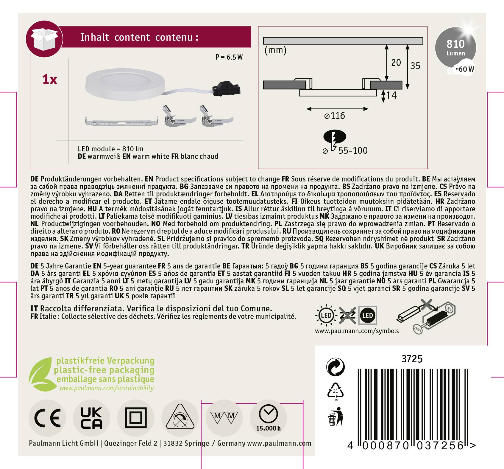 Paulmann 3725 LED-Panel 6W Warmweiß Weiß (matt)