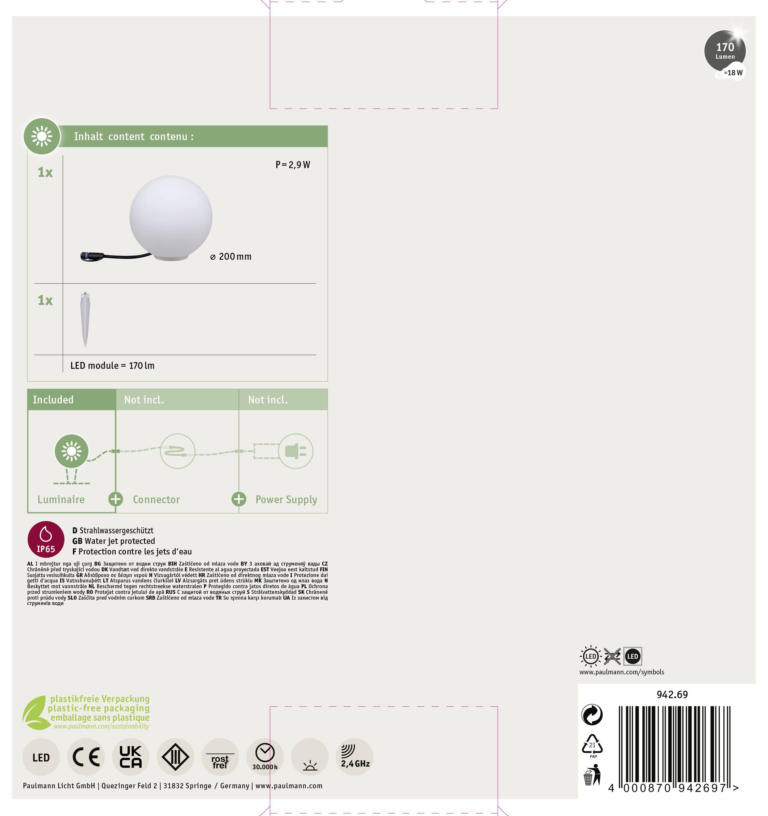 Paulmann Lichtobjekt Globe RGBW 94269 Beleuchtungssystem Plug & Shine ZigBee LED 2.8W Warmweiß Weiß