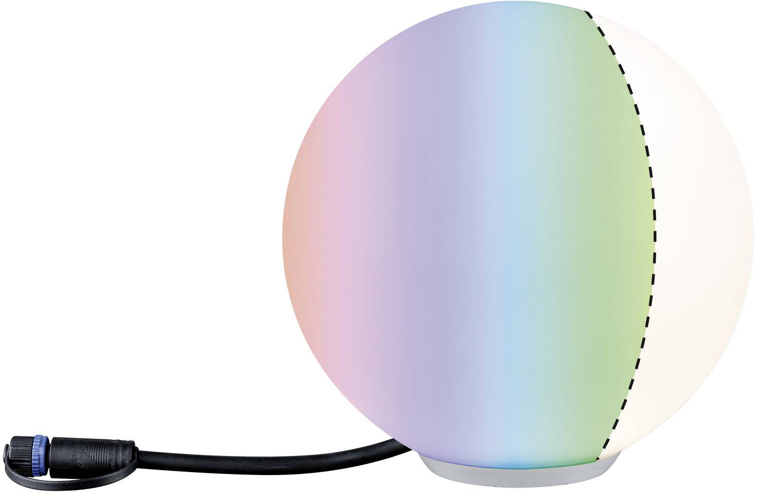 Leuchtkugel in Regenbogenfarben mit schwarzem Kabel, geeignet für dekorative Beleuchtung im Innen- und Außenbereich.