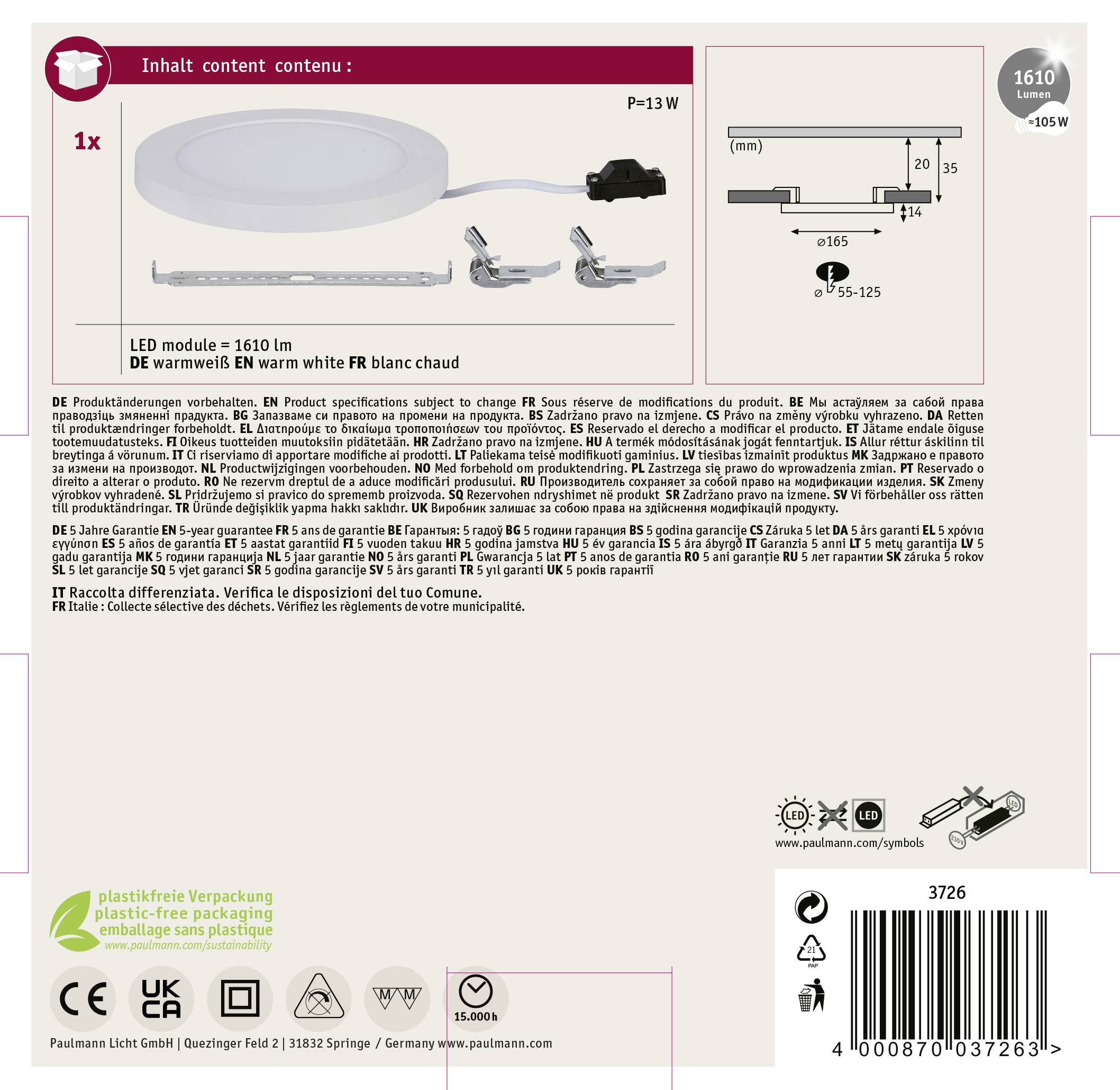 Paulmann 3726 LED-Panel 12W Warmweiß Weiß (matt)
