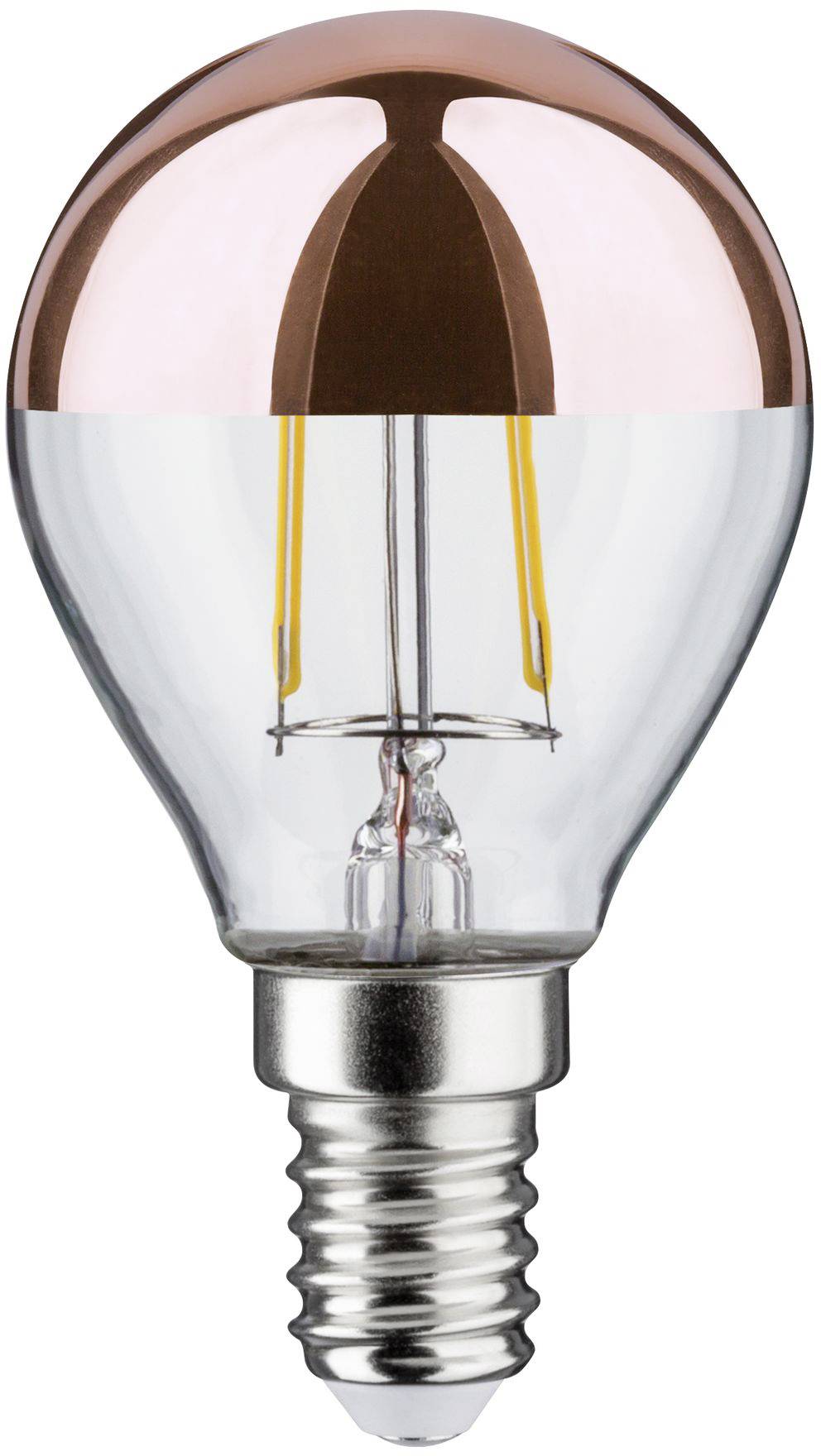 Eine Glühbirne mit Edison-Schraubsockel und einer kupferfarbenen Oberseite, die für dekorative Beleuchtung verwendet wird.