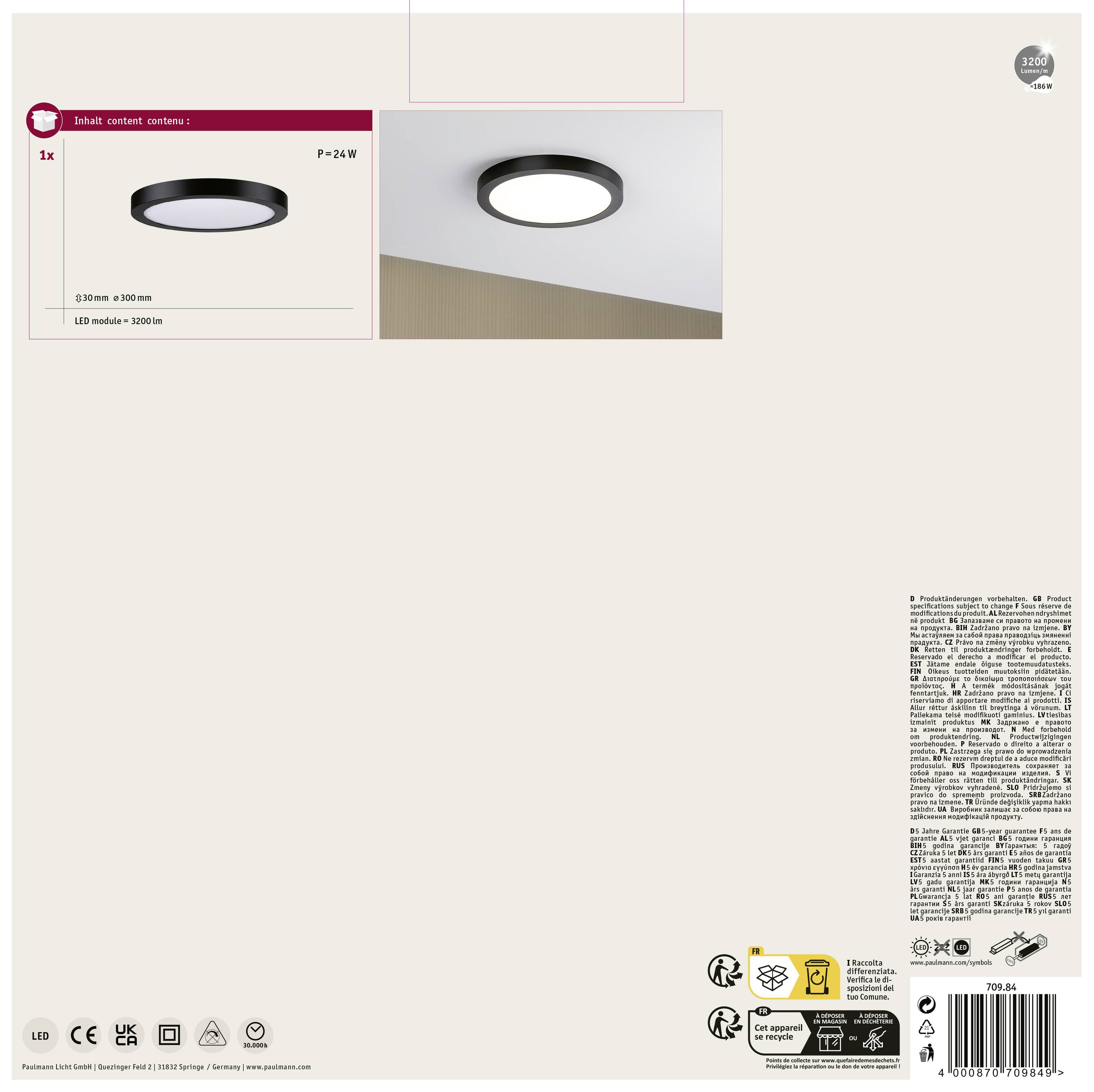 Paulmann Abia 70984 LED-Panel 22W Warmweiß Schwarz (matt)