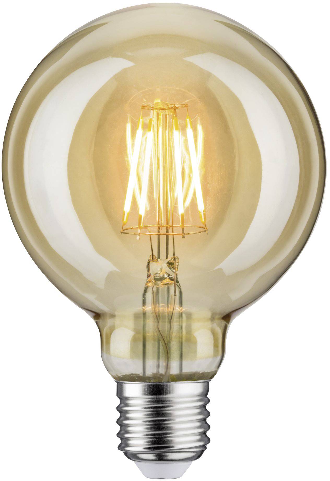 Eine eingeschaltete LED-Glühbirne mit sichtbarem Glühdraht, strahlend warmes Licht ausstrahlend.