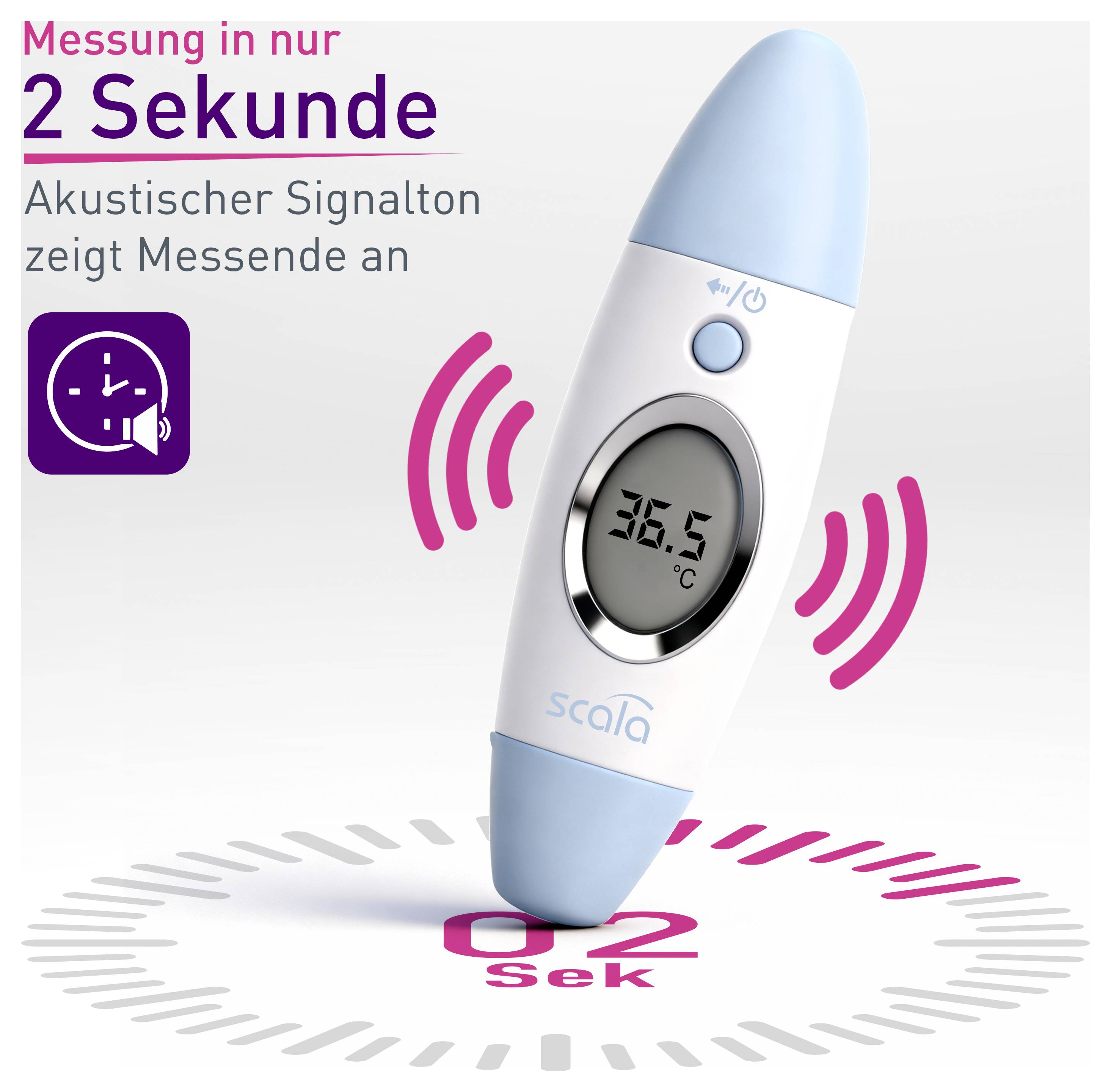 Digitales Thermometer für Ohrtemperatur mit Anzeige von '36,5°C'. Text sagt: 'Messung in nur 2 Sekunden' und 'Akustischer Signalton zeigt Messende an'.