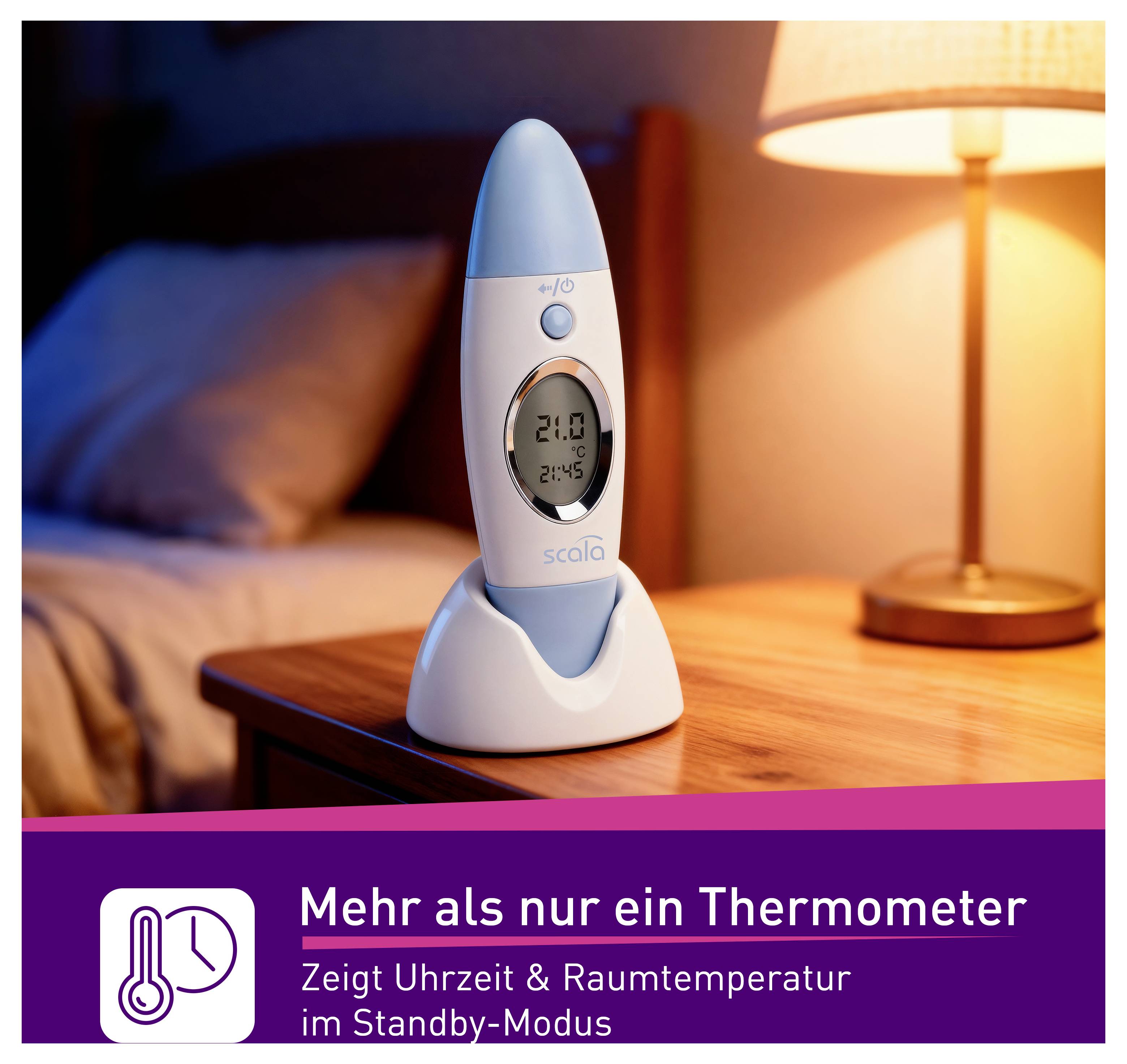Digitalthermometer auf Nachttisch, zeigt Uhrzeit und Raumtemperatur im Standby-Modus. Text: Mehr als nur ein Thermometer.