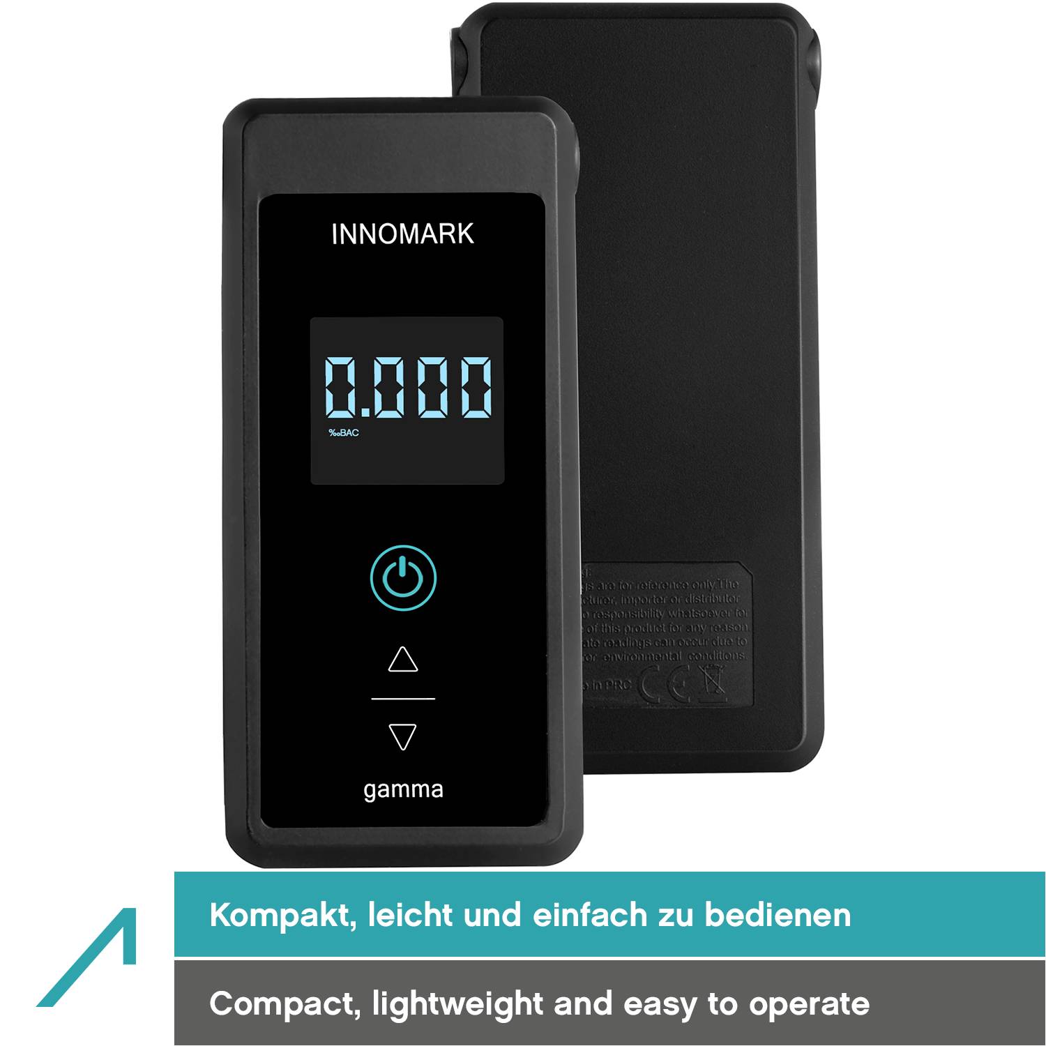 Ein schwarzes Gerät mit digitaler Anzeige zeigt '0.000'. Darunter sind zwei Touch-Buttons. Text: 'Kompakt, leicht und einfach zu bedienen'.