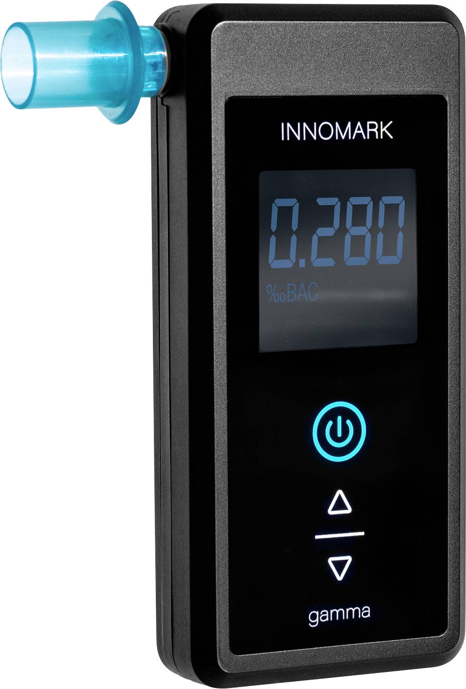 Alkoholtester mit digitalem Display zeigt Blutalkoholgehalt von 0,280. Blaue Mundstückspitze, schwarzes Gehäuse.