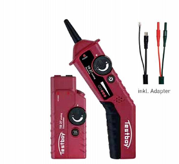 'Testboy' Spannungsprüfer in Rot mit Anzeigeleuchte und Adapterkabel, geeignet für Spannungstests in elektrischen Systemen.