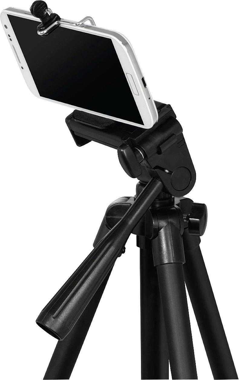 Smartphone auf einem Stativ befestigt, ausgerichtet für Foto- oder Videoaufnahmen. Schwarzen Stativbeine sind stabil und ausziehbar.