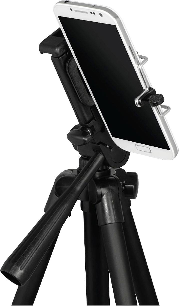 Ein Smartphone ist auf einem schwarzen Stativ befestigt. Das Stativ hat verstellbare Beine und das Smartphone ist in einer Halterung fixiert.