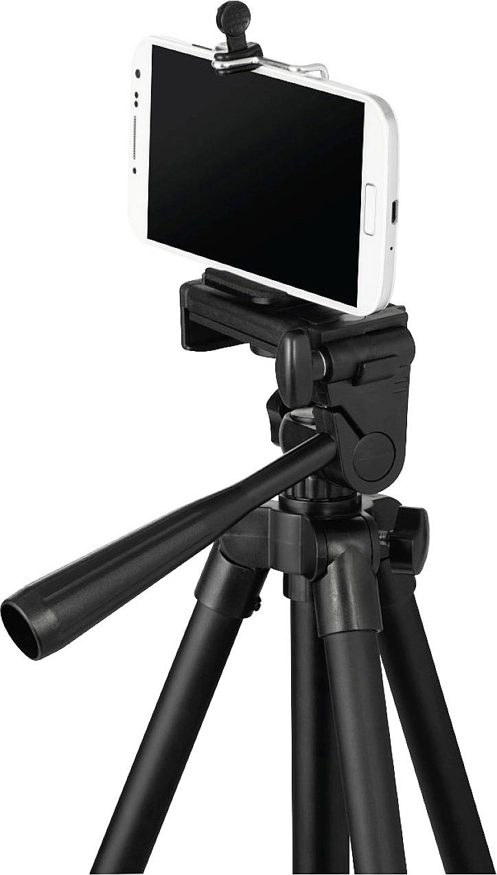 Smartphone befestigt auf einem schwarzen Stativ, bereit für Foto- oder Videoaufnahmen.