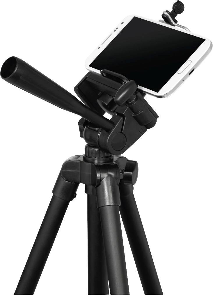Ein schwarzes Teleskopstativ mit einer Smartphone-Halterung oben, in der ein weißes Smartphone eingespannt ist.