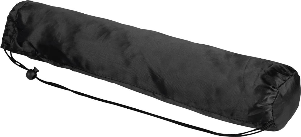 Schwarzer Stoffbeutel mit Kordelzug, zylindrische Form, leicht glänzend. Ideal zum Verstauen von länglichen Gegenständen.
