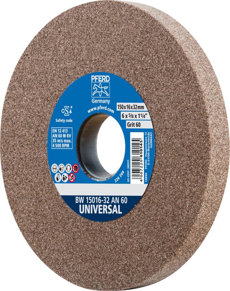 Schleifscheibe 'PFERD Universal BW 15016-32 AN 60', braun, 150x16x32mm, Korn 60, max. 5090 U/min, für Metallbearbeitung.
