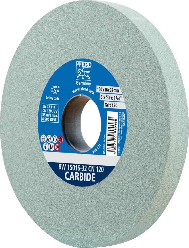 Runde Schleifscheibe mit blauem Etikett zeigt Markenname 'Pferd', Spezifikationen wie Durchmesser 150 mm, Material Karbid und Körnung 120.