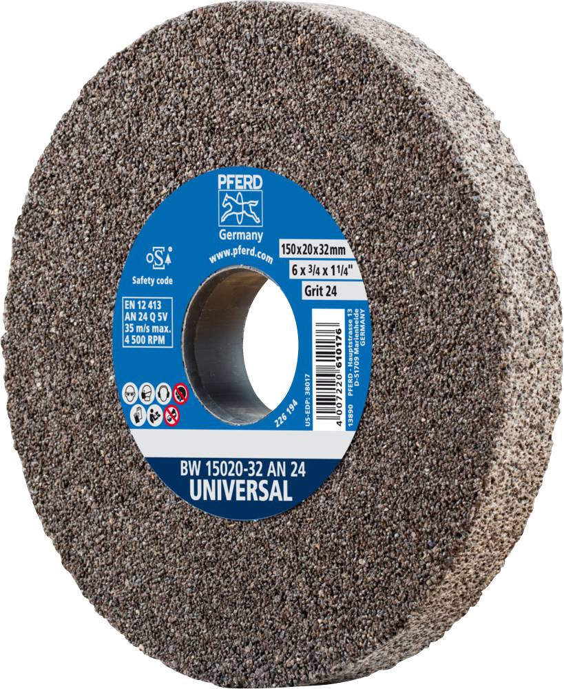 Schleifscheibe mit 150x20x32mm, Körnung 24, Marke UNIVERSAL. Geeignet für Anwendungen bei bis zu 5500 U/min.