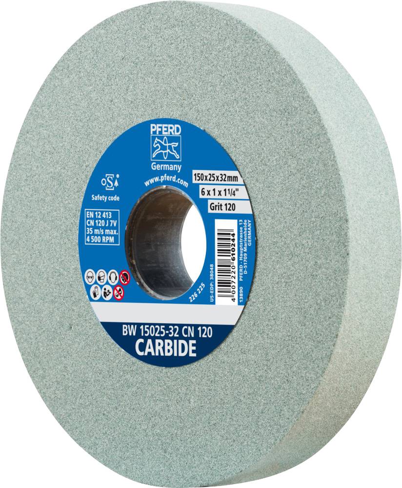 Schleifscheibe von PFERD, Modell BW 15025-32 CN 120, Durchmesser 150mm, Breite 25mm, Körnung 120, aus Karbid, geeignet für 5.060 U/min.