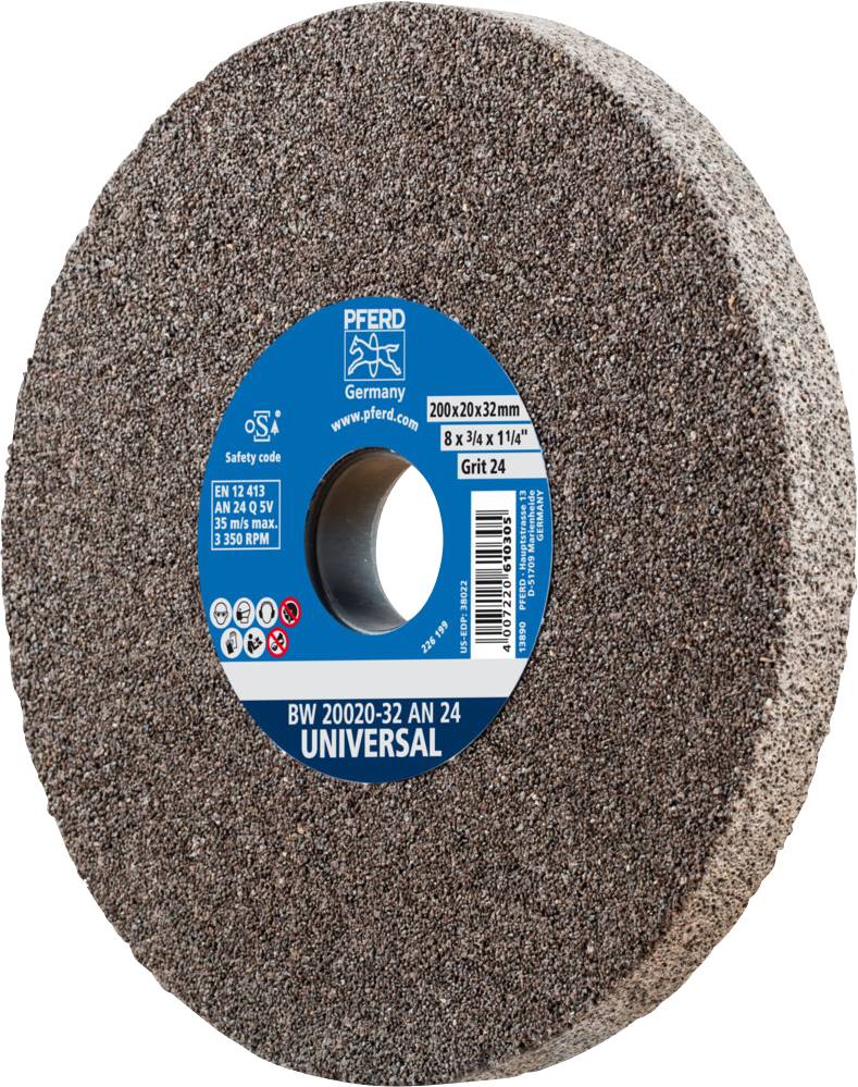 Schleifscheibe mit blauer Mitte, Aufschrift 'Universal', Körnung 24. Geeignet für Metallbearbeitung. Markierungen für Sicherheitshinweise.