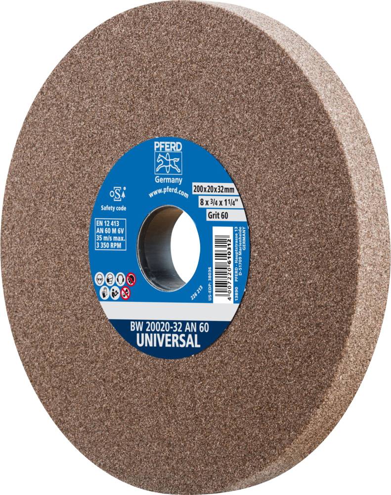 Schleifscheibe mit brauner Körnung und blauer Aufschrift: 'Pferd Universal', Größe 200x20x32 mm, Körnung 60, geeignet für verschiedene Materialien.