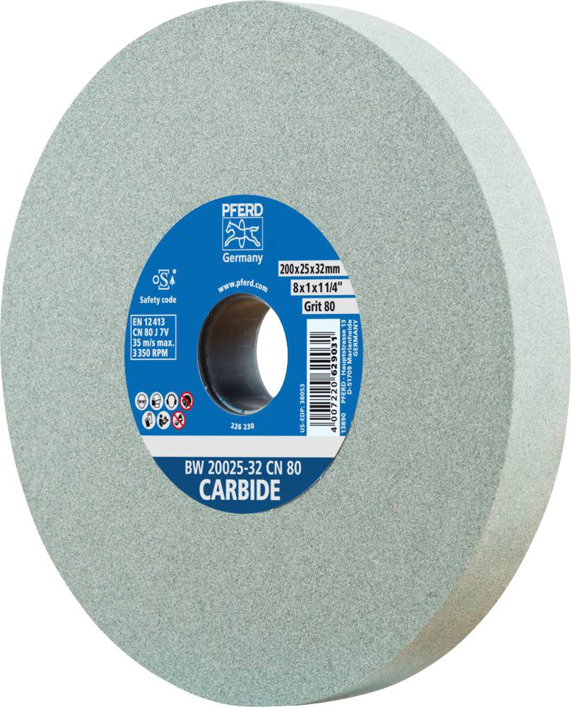 Schleifscheibe aus Karbid mit blauer Mitte, Aufschrift 'CARBIDE BW 20025-32 CN 80 Grit 80', Markenlogo oben.