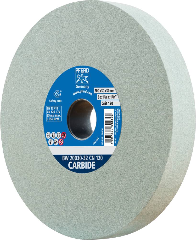 Schleifscheibe mit blauem Etikett, zeigt Marke 'Pferd' und Spezifikationen: Korn 120, Größe 200x30x32 mm. Für Schleifarbeiten geeignet.