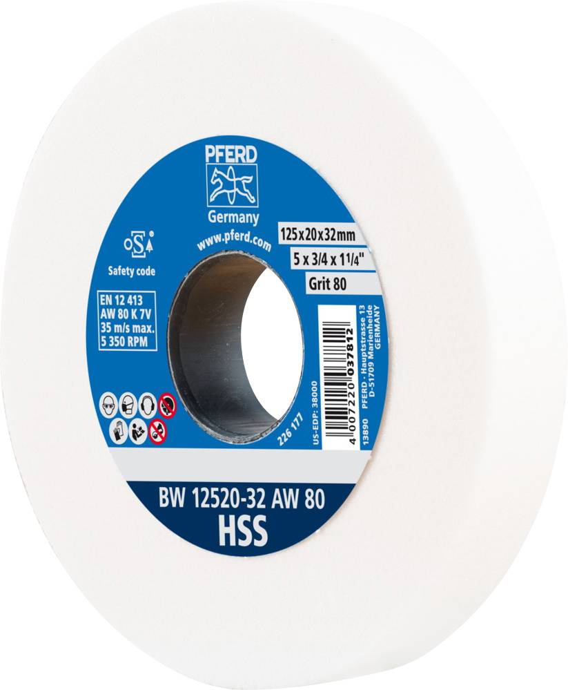 Schleifscheibe, weiß, mit blauem Etikett, Durchmesser 125 mm, Körnung 80, für Hochgeschwindigkeitsstahl, Marke und Spezifikationen abgebildet.