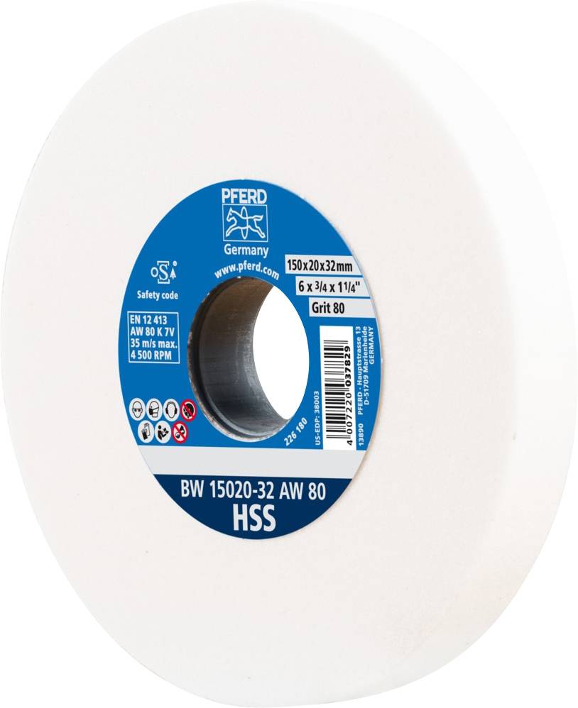 Schleifscheibe der Marke PFERD mit den Maßen 150x20x32 mm, Korn 80, geeignet für HSS. Text auf Etikett: 'Safety Code', '4,500 RPM'.