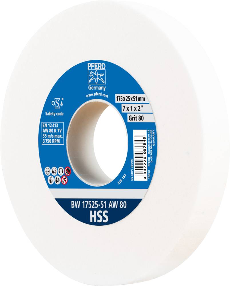 Eine weiße Schleifscheibe mit blauem Etikett, auf dem die Spezifikationen '175x25x51 mm' und 'Grit 80' stehen.