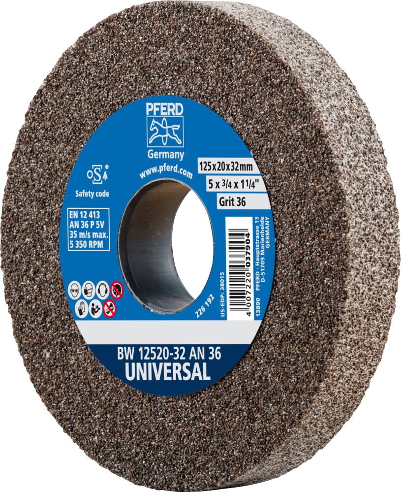 Schleifscheibe mit der Aufschrift 'UNIVERSAL BW 12520-32 AN 36'; Durchmesser 125x20x32 mm, Körnung 36. Hersteller: PFERD.