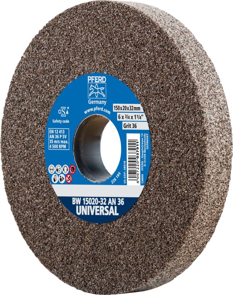 Schleifscheibe der Marke Pferd, Modell BW 15020-32 AN 36, Durchmesser 150mm, Körnung 36, geeignet für max. 5.500 U/min.