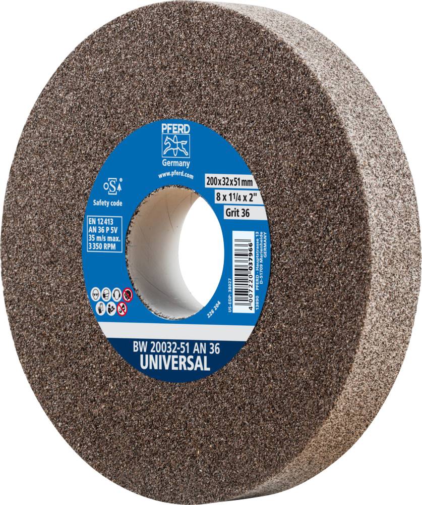 Runde Schleifscheibe mit blauer Mitte, etikettiert als Universal für verschiedene Schleifanwendungen. Körnung 36.