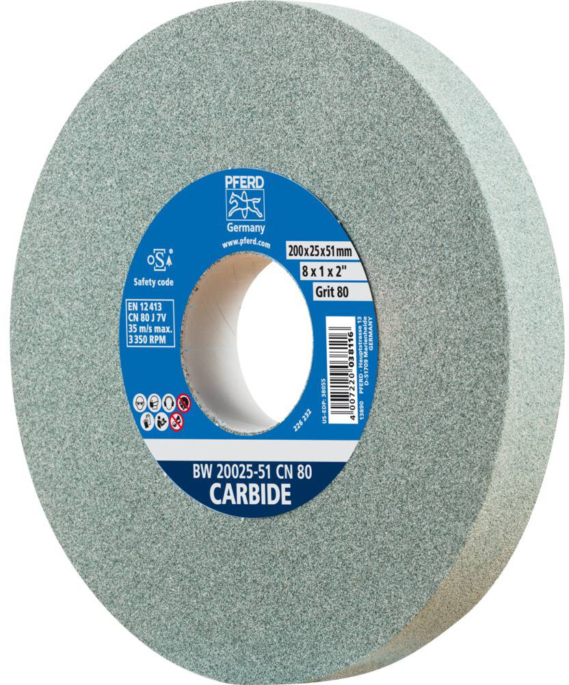 Schleifscheibe mit blauer Etikettierung, Durchmesser 200 mm, Korn 80, aus Karbid, geeignet für Hochgeschwindigkeitsschleifen.