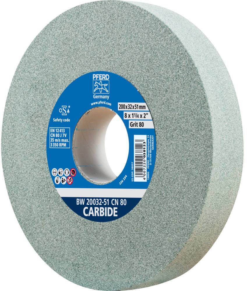 Schleifscheibe aus Karbid, blau, 200x32x51 mm, Körnung 80. Label zeigt Produktspezifikationen und Sicherheitscode.