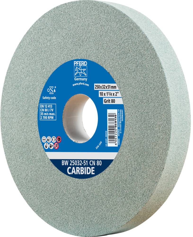 Schleifscheibe mit blauem Etikett; Aufschrift 'CARBIDE', Durchmesser 250x32x51 mm, Körnung 80, Sicherheits-, und RPM-Angaben.