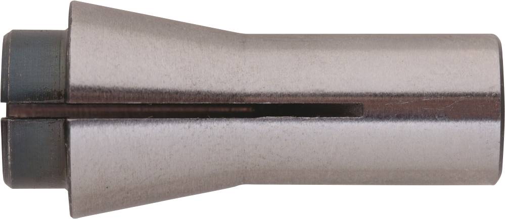 Ein zylindrisches Metallteil mit konischer Spitze, das an einem Ende geschlitzt ist. Möglicherweise ein Maschinenteil oder Werkzeugaufsatz.