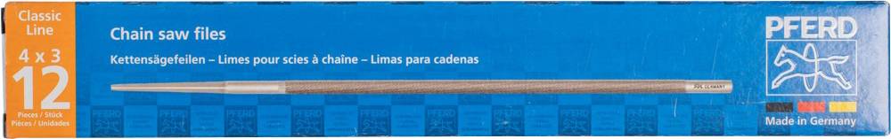 'PFERD' Kettensägenfeile, Classic Line, 4 x 3 (12 Feilen), in blauer Verpackung, geeignet zum Schärfen von Kettensägenketten.