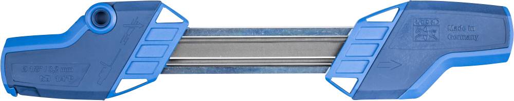 Ein blauer Messerschärfer mit zwei blauen Griffen und einer Metallstange in der Mitte, verwendet zum Schärfen von Messerklingen.