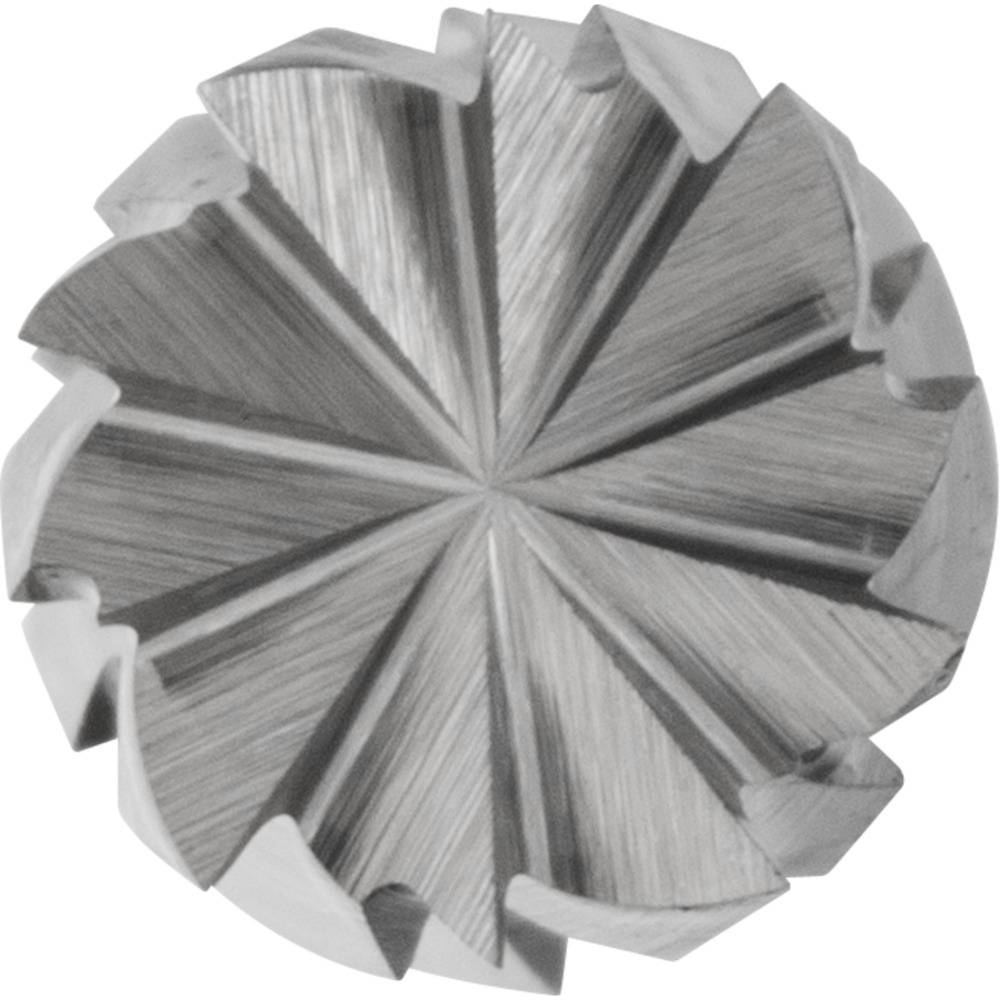 Kreisförmiges Fräswerkzeug mit radialen Klingen, die in der Mitte zusammenlaufen, dargestellt in einer grau skalierten Abbildung.