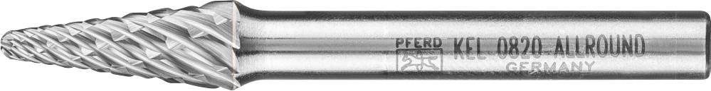 Metallfräser mit konischer Spitze und spiraligen Schneiden, Aufschrift zeigt Marke und Modellnummer, hergestellt in Deutschland.