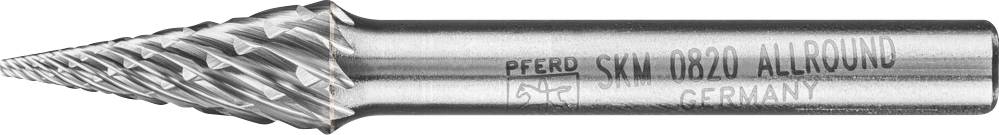 Ein kegelförmiger Frässtift mit scharfen Schneidezähnen aus Metall, beschriftet mit 'PFERD SXM 1220 ALLROUND GERMANY'.