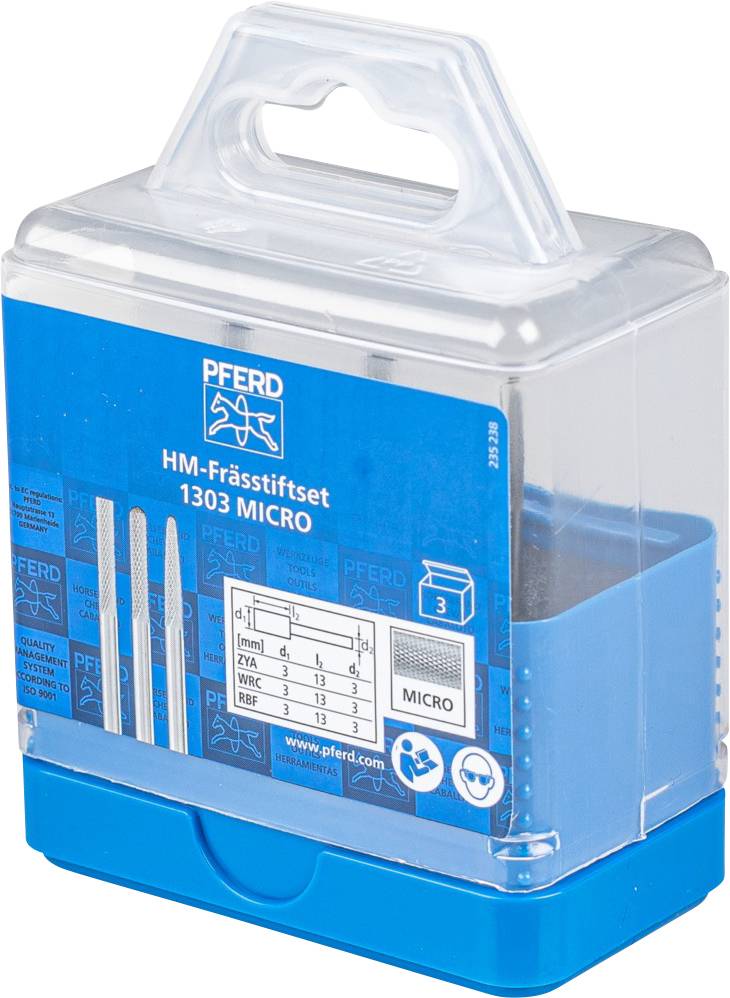 'HM-Frässtiftset 1303 MICRO' von PFERD in blauer, transparenter Verpackung, zeigt drei Frässtifte und technische Details auf Etikett.