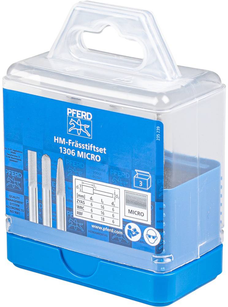 Verpackung eines HM-Frässtiftsets von PFERD, Modell 1306 MICRO, mit vier Frässtiften unterschiedlicher Formen.